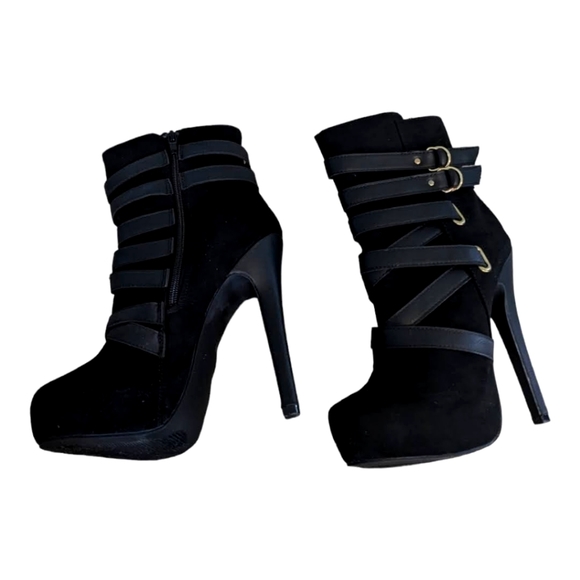 JustFab Shoes Justfab Harlette Black Strappy Buckle Stiletto Zippered Boot 65 Poshmark